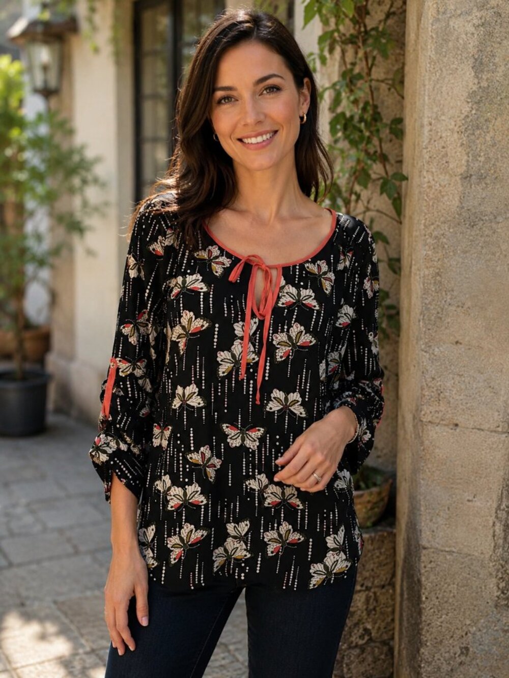 Black Rainn Butterfly-Print Blouse –‎ Lightweight – Women Size M -Roll Tab